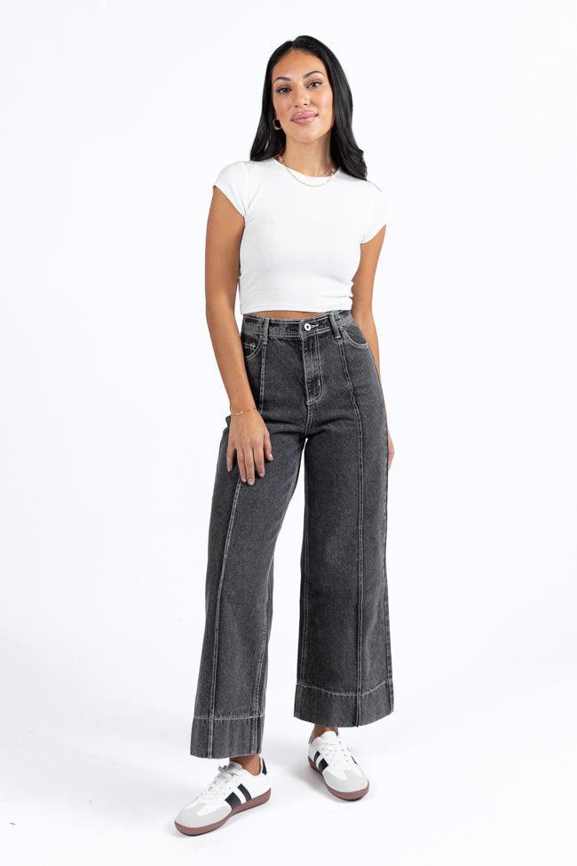 Estelle Black Acid Wash Wide Leg Front Seam Denim Pants Product Image