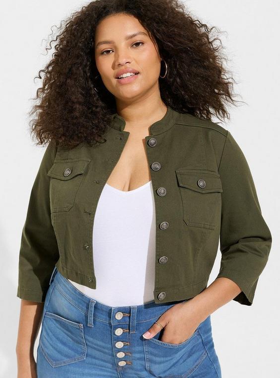 Washed Twill Denim Crop Military Jacket Product Image