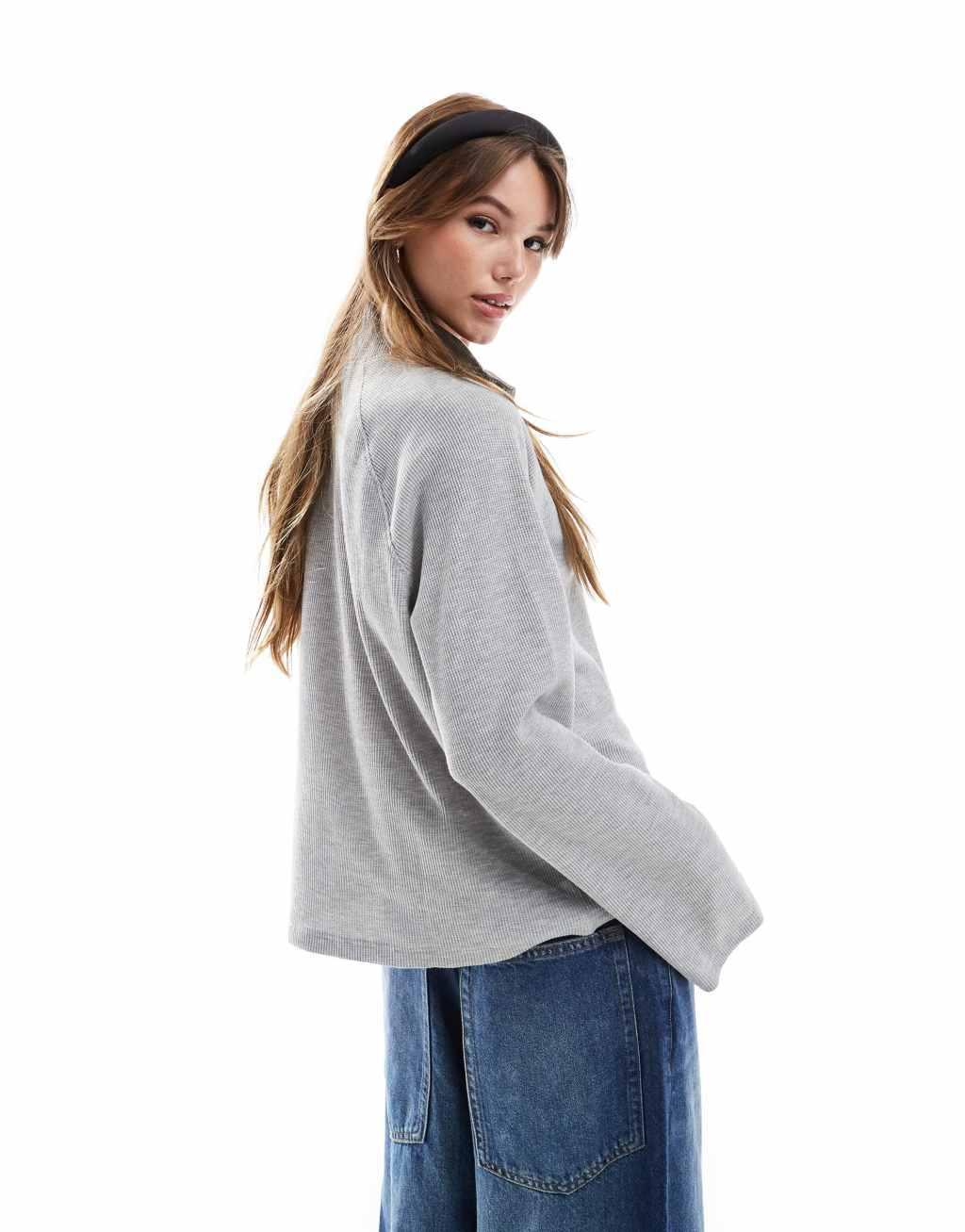 ASOS DESIGN crop boxy long sleeve henley in waffle gray heather Product Image