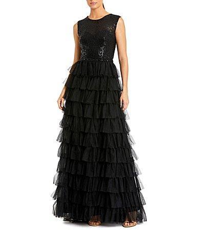 Womens Sequin Tulle Ruffled Gown Product Image