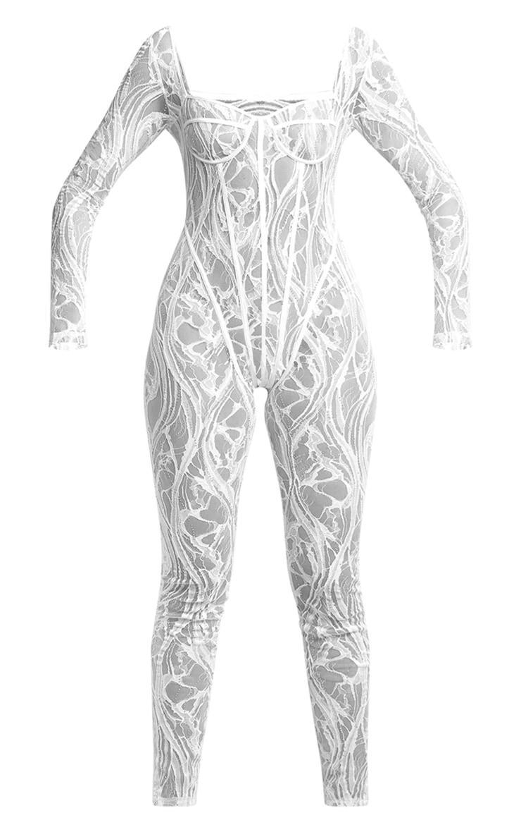 White Lace Diamante Underwired Long Sleeve Jumpsuit Product Image