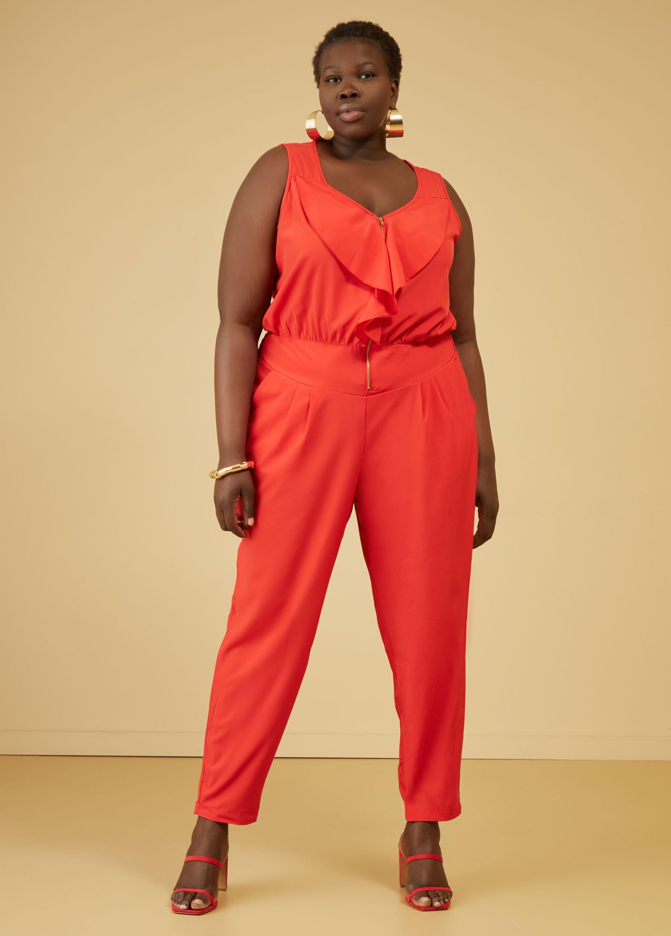 Plus Size Ruffle Trimmed Tapered Jumpsuit Ashley Stewart Product Image