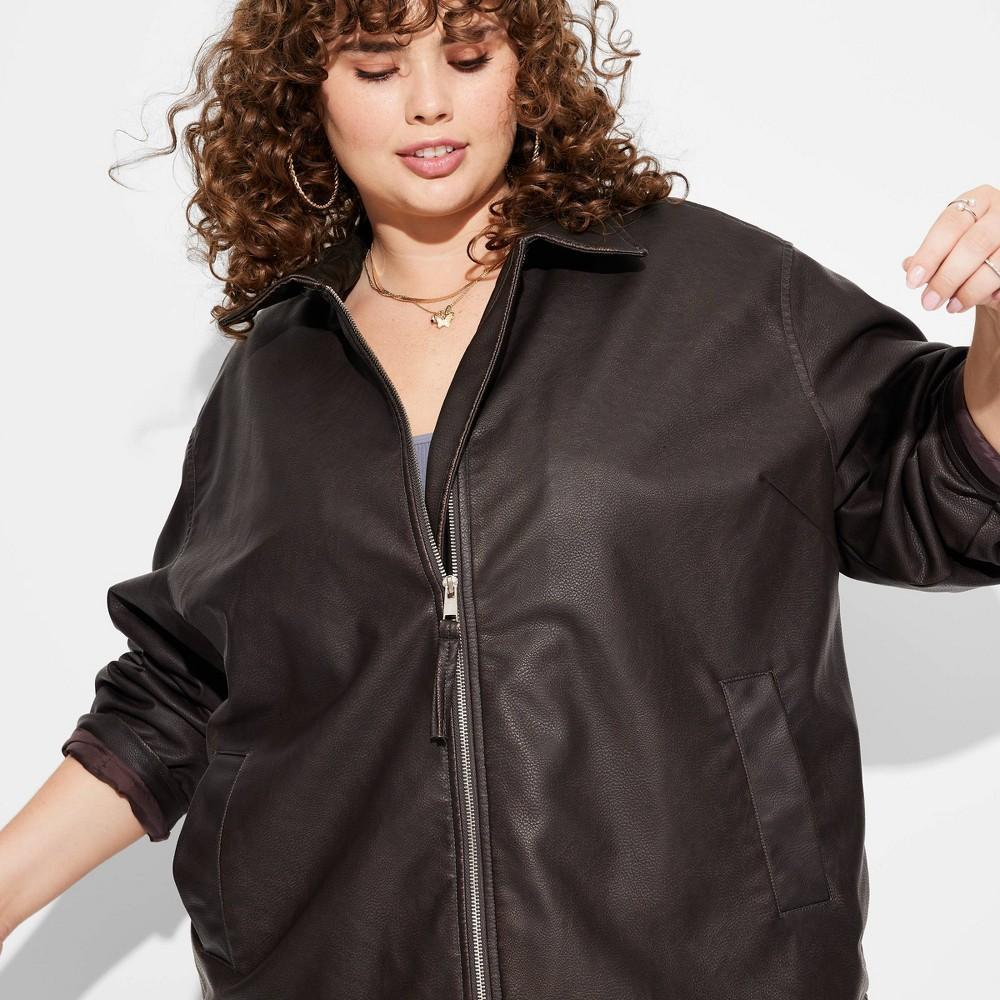 Womens Faux Leather Oversized Bomber Jacket - Wild Fable Dark Brown Product Image