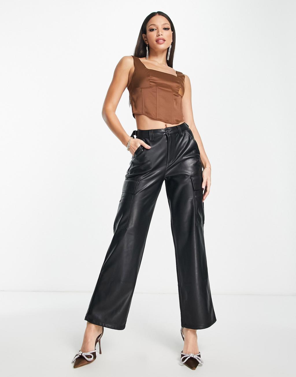 Lola May Tall satin corset crop top in brown Product Image