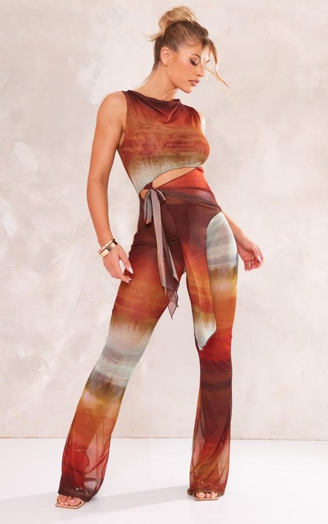 Brown Ombre Print Knot Detail Mesh Jumpsuit Product Image