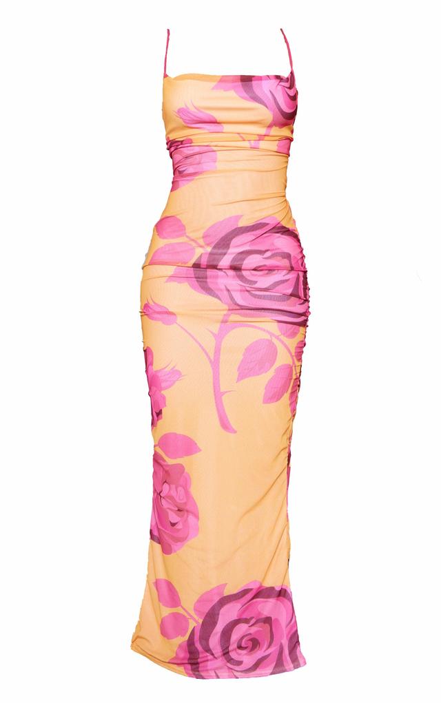 Orange Floral Printed Mesh Cowl Neck Maxi Dress Product Image