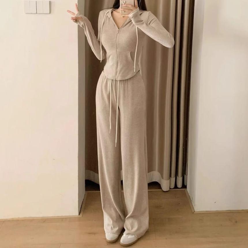 Plain Zip Hoodie / Drawstring Waist Wide Leg Pants Product Image