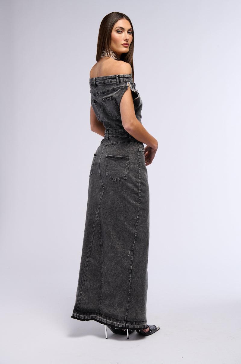 DERRIA OFF THE SHOULDER DENIM MAXI DRESS Product Image