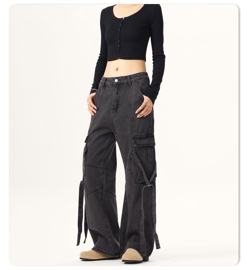 Low Waist Washed Buckled Wide Leg Cargo Jeans Product Image