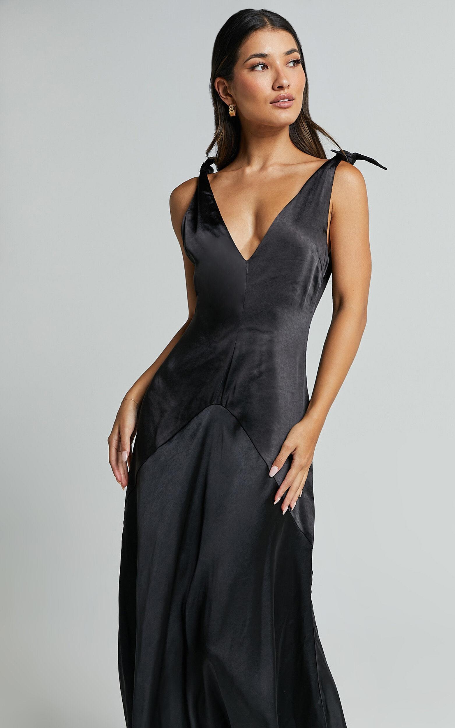 Hart Midi Dress - Tie Shoulder Plunge Satin Dress in Black Product Image