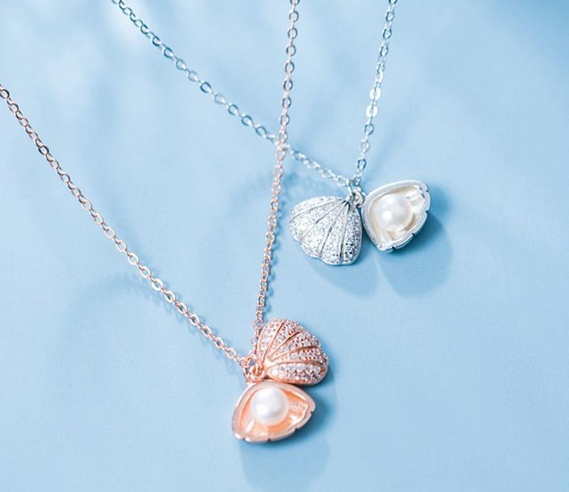 925 Sterling Silver Seashell Faux Pearl Pendant Necklace Product Image