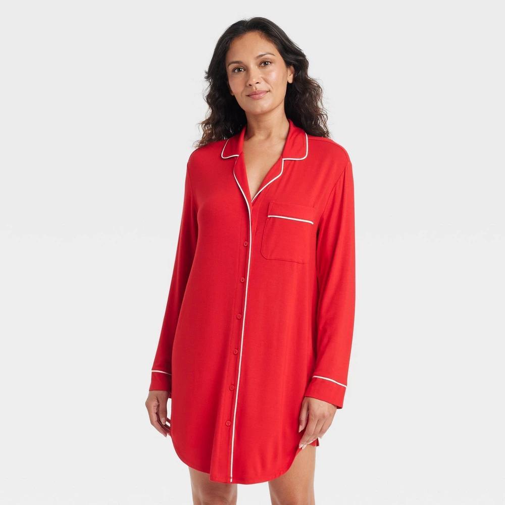 Womens Cloud Knit Notch Collar Long Sleeve NightGown - Auden Red Product Image