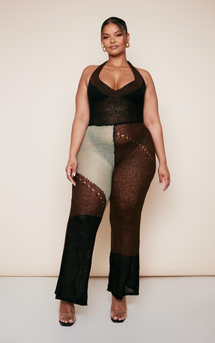 Plus Brown Sheer Knitted Halterneck Flare Leg Jumpsuit Product Image