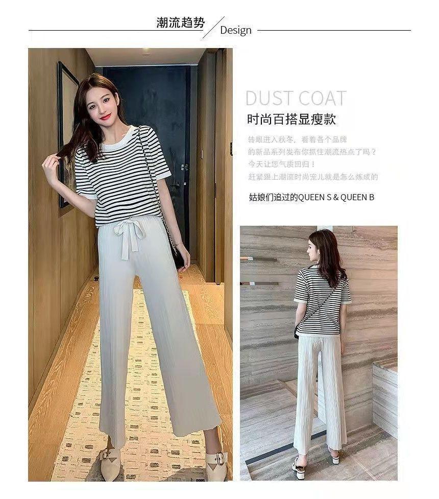 Set: Short-Sleeve Striped Knit Top + High Waist Wide Leg Pants Product Image