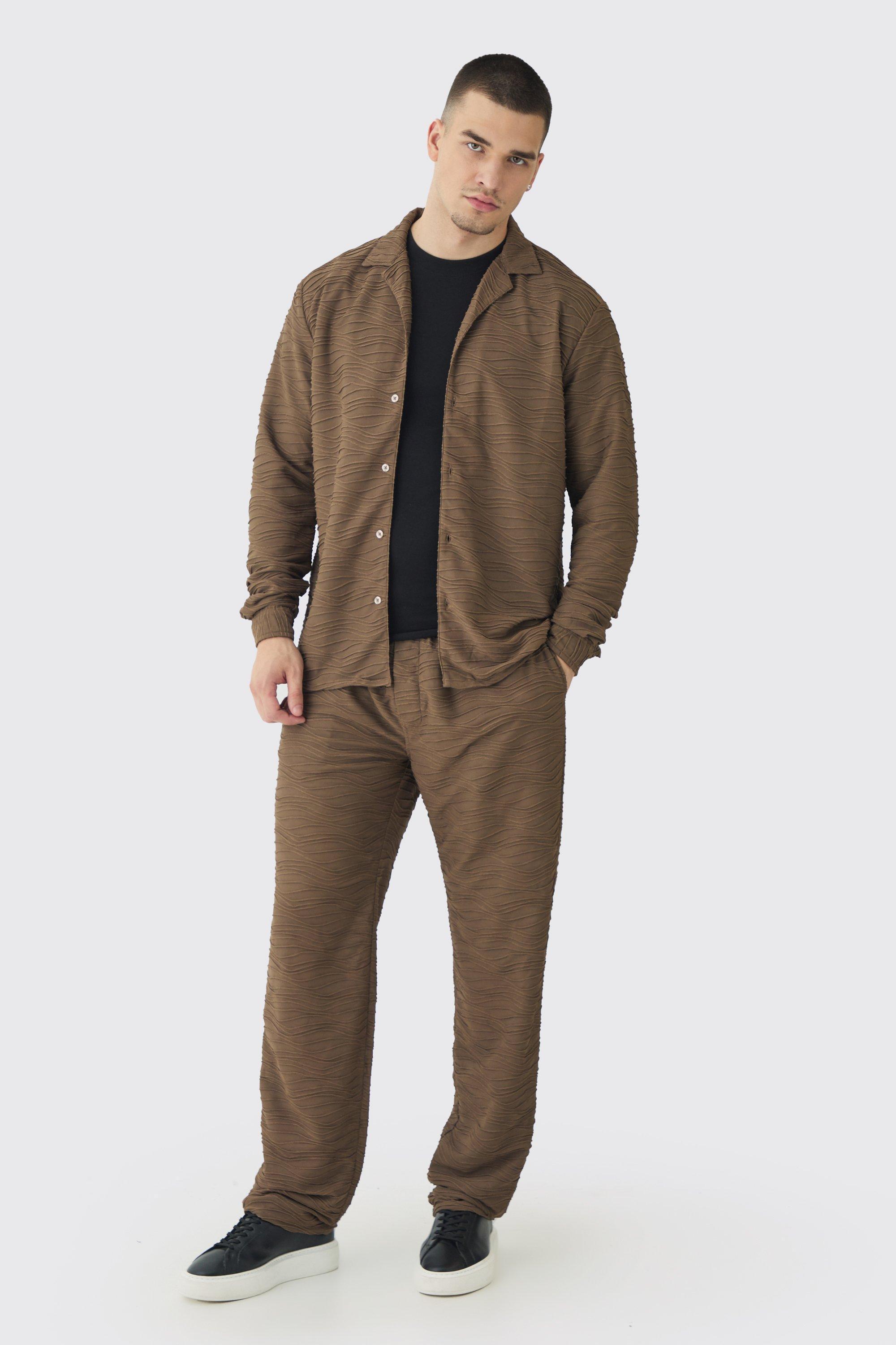 Mens Beige Tall Elevated Pleated Shirt and Straight Fit Trouser Set in Mocha, Beige product image