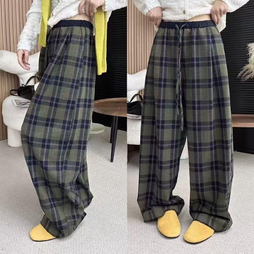 High Rise Plaid Wide Leg Pants Product Image