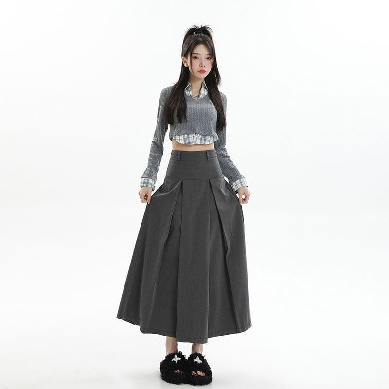 High Rise Plain Midi Pleated A-Line Suit Skirt Product Image