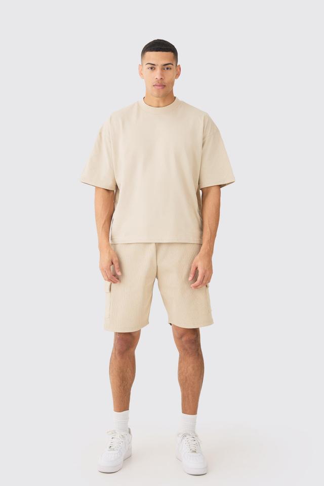 Oversized Boxy Heavyweight T-shirt & Ribbed Cargo Shorts Set | boohooMAN USA Product Image