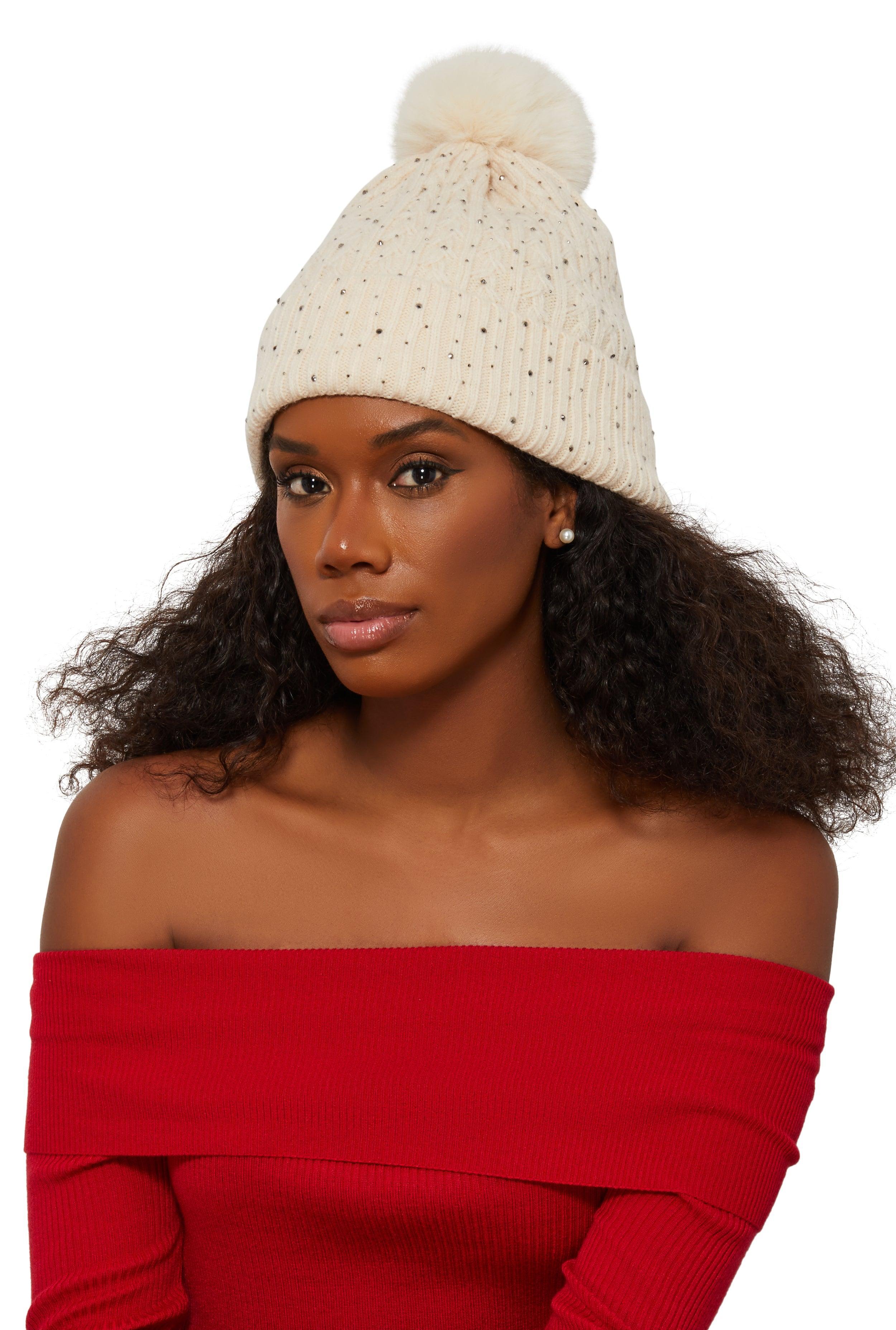 Womens Rhinestone Cable Knit Pom Pom Beanie product image