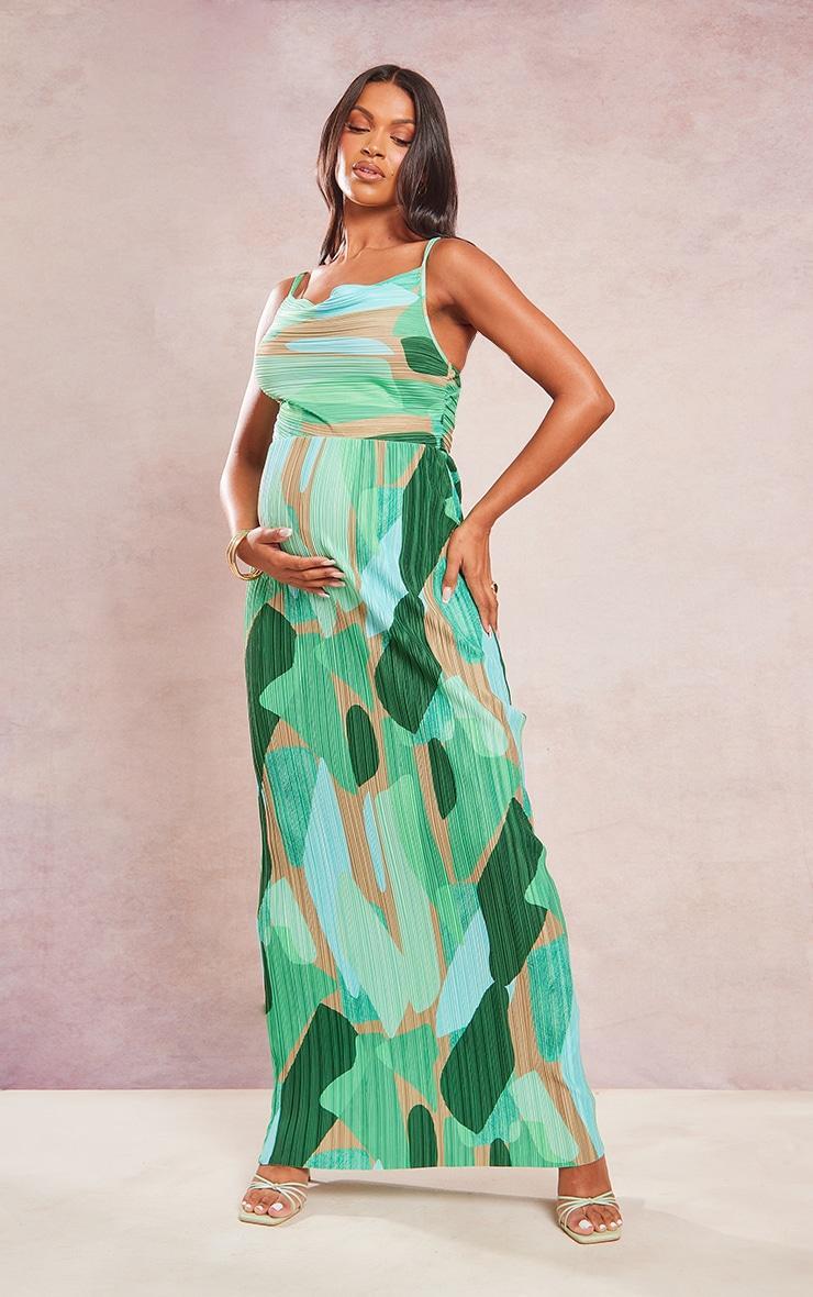 Maternity Green Abstract Print Plisee Midaxi Dress Product Image