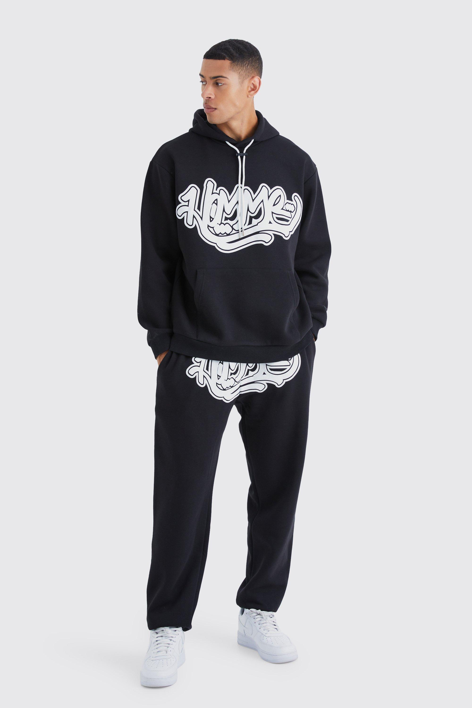 Mens Black Homme Graffiti Oversized Hooded Tracksuit, Black Product Image