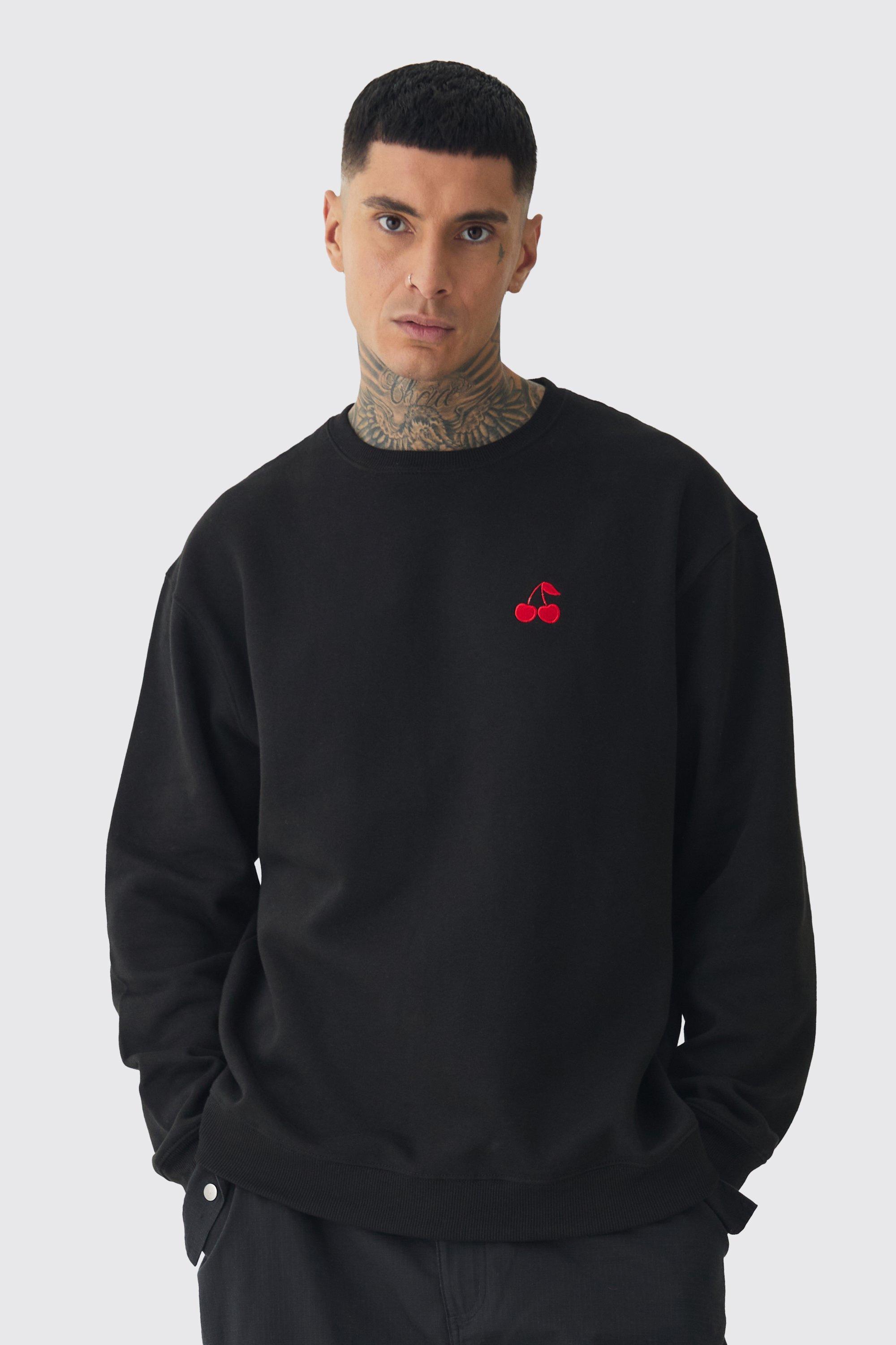 Tall Cherry Embroidered Sweat | boohooMAN USA Product Image