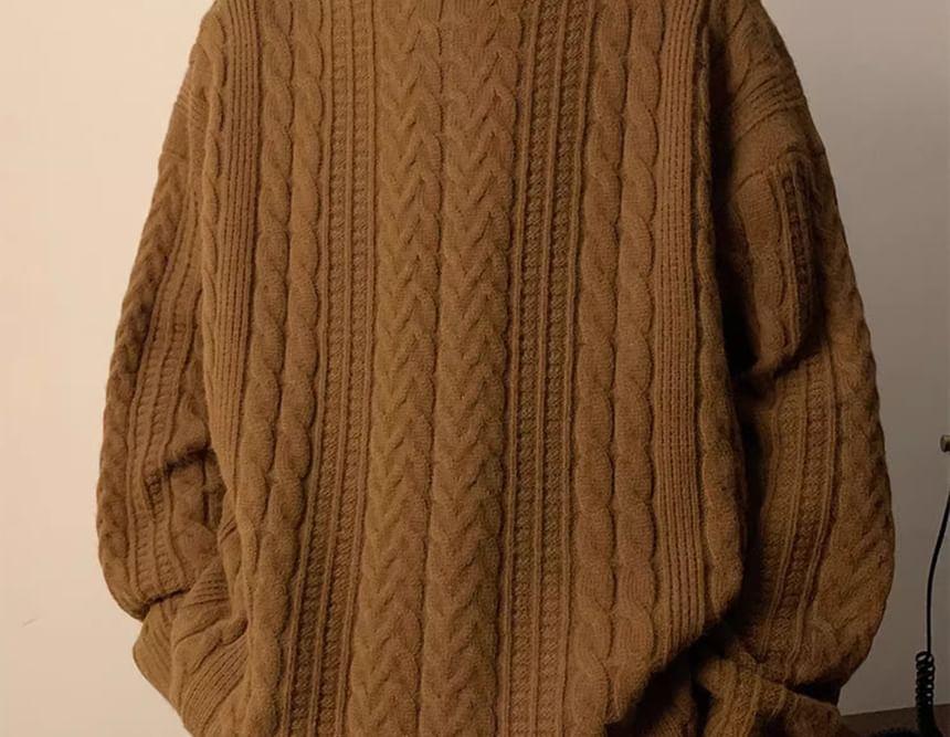 Turtleneck Plain Cable Knit Sweater Product Image