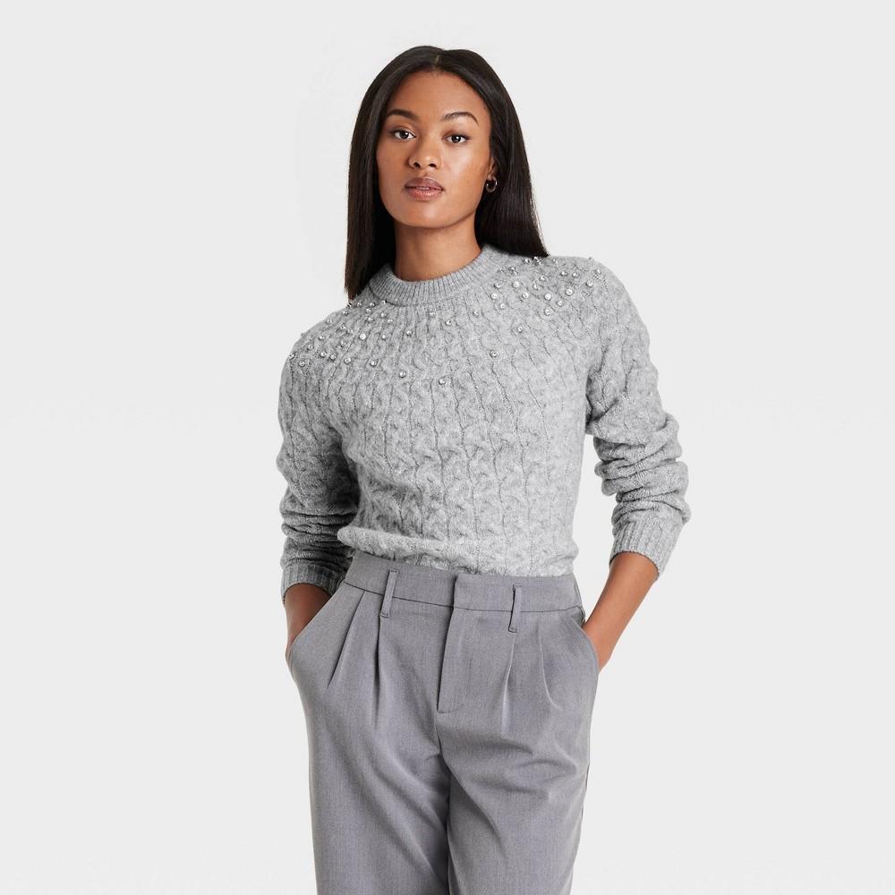 Women's Cable Crewneck Pullover Sweater - A New Day™ Gray L Product Image