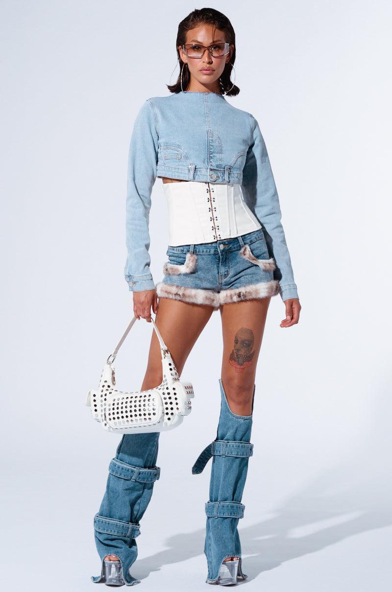 LEILA DRAMATIC DENIM LONG SLEEVE TOP Product Image