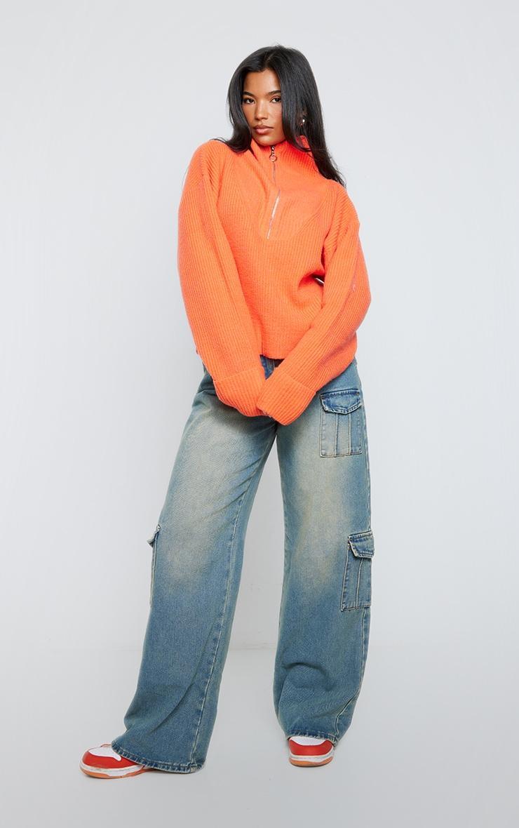 Bright Orange Marl Chunky Knit Half Zip Sweater Product Image