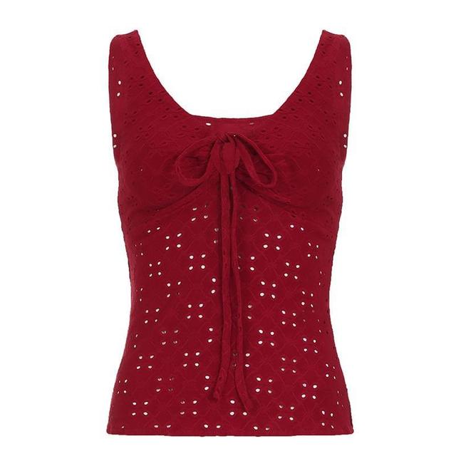 V-Neck Plain Pointelle Tie-Front Slim-Fit Tank Top Product Image