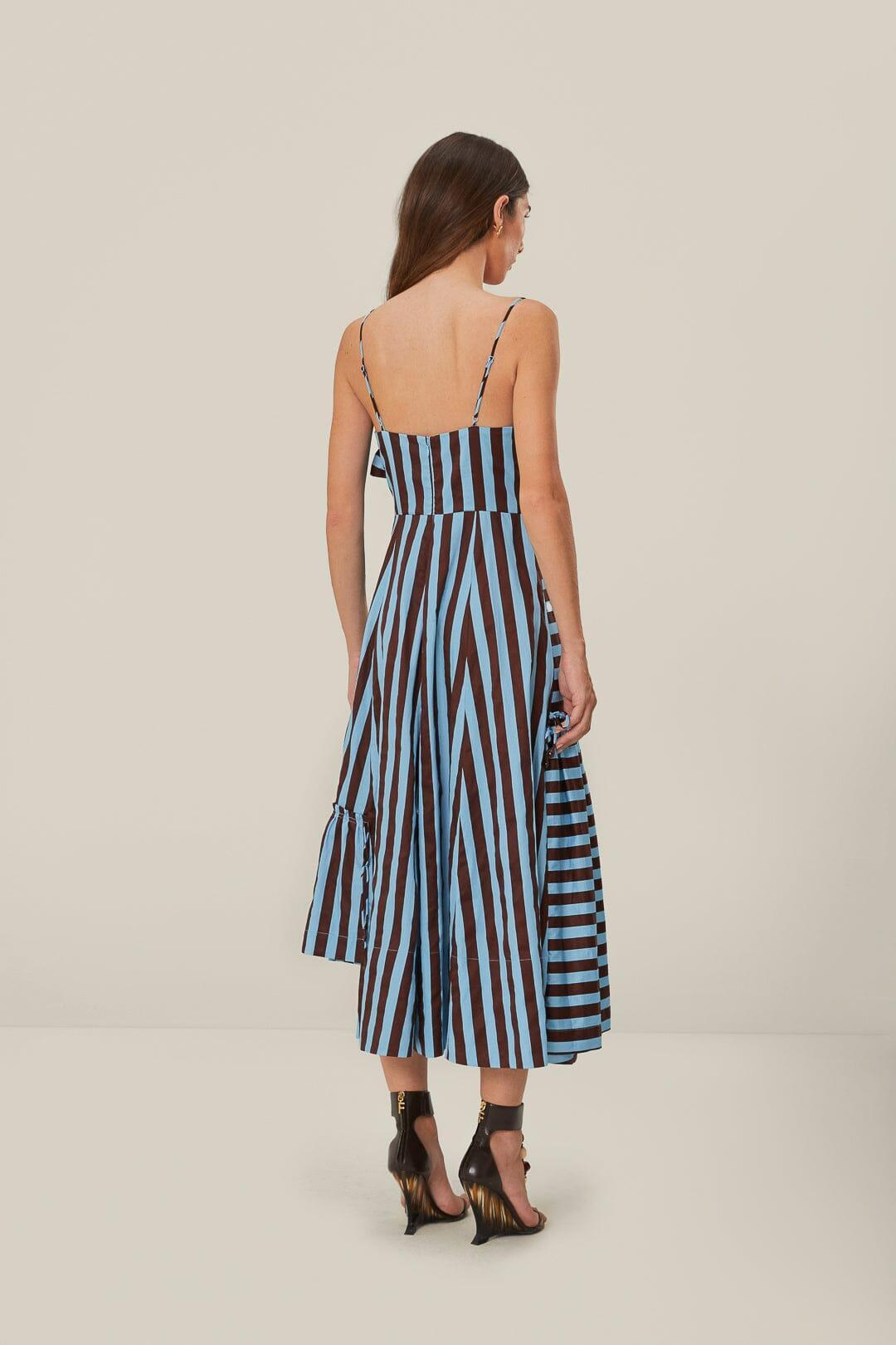 Brown and Blue Tropical Flight Stripes Organic Cotton Midi Dress Product Image