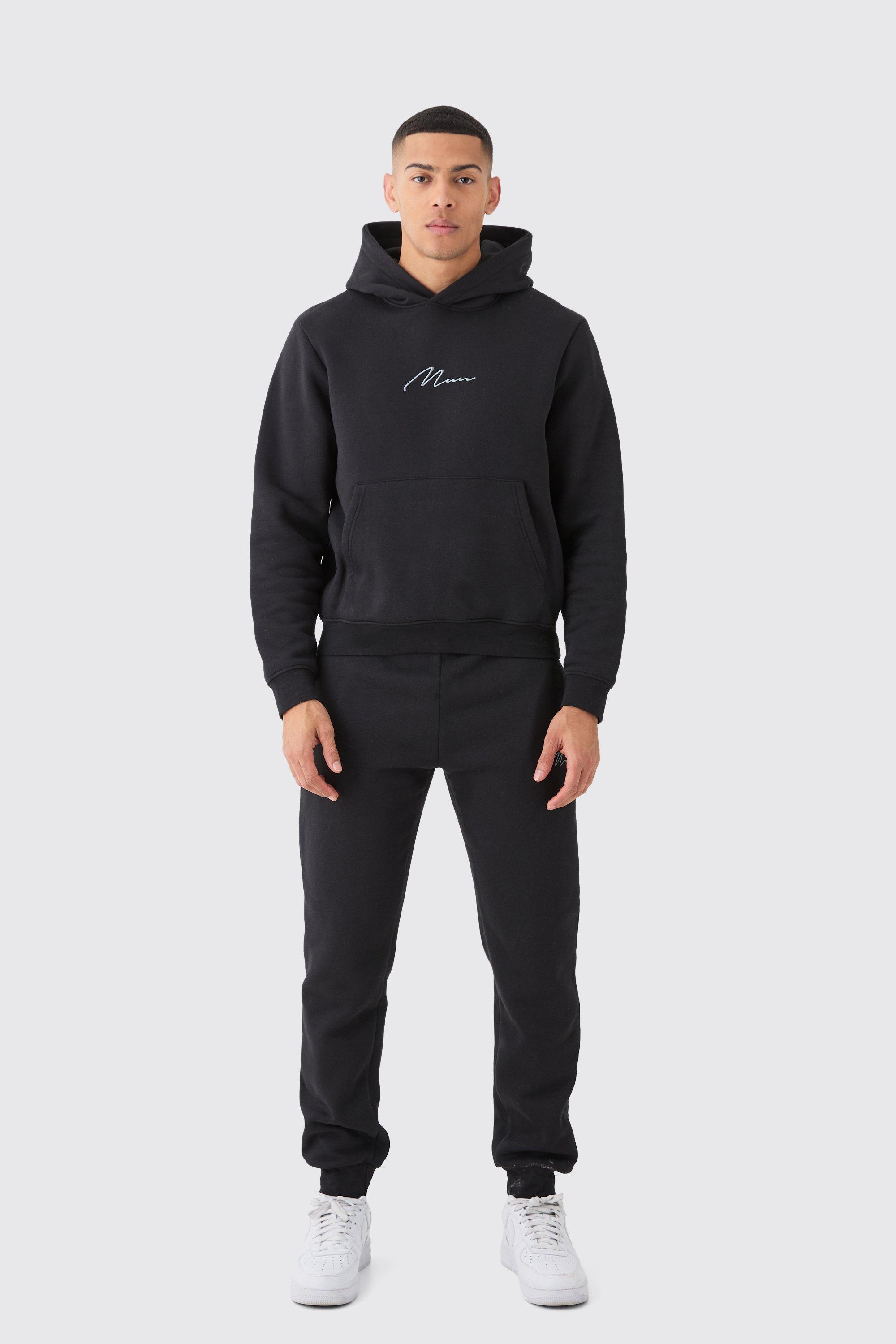 Mens Black Man Signature Boxy Hooded Tracksuit, Black product image