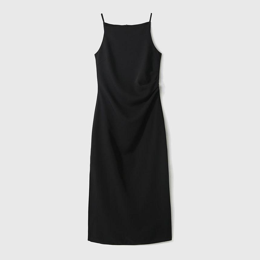 Spaghetti Strap Plain Side-Slit Midi Sheath Dress Product Image