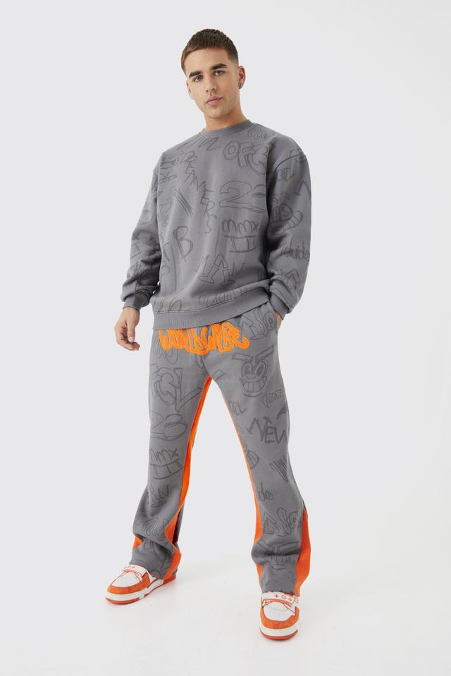 Mens Grey Oversized Graffiti Applique Gusset Tracksuit, Grey Product Image