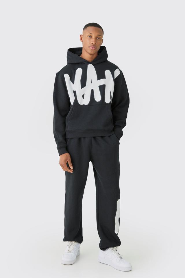 Mens Black Oversized Man Graphic Hooded Tracksuit, Black Product Image