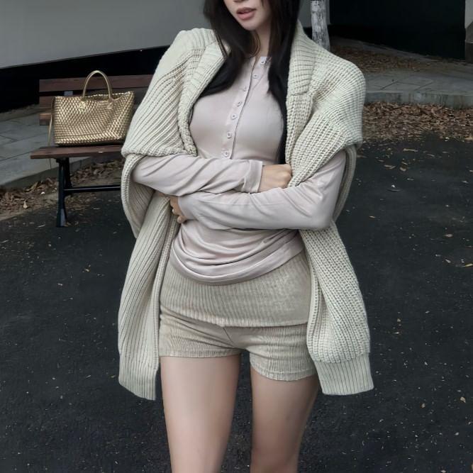 Long-Sleeve Henley Plain T-Shirt / Mid Rise Hot Pants / V-Neck Oversized Sweater Product Image