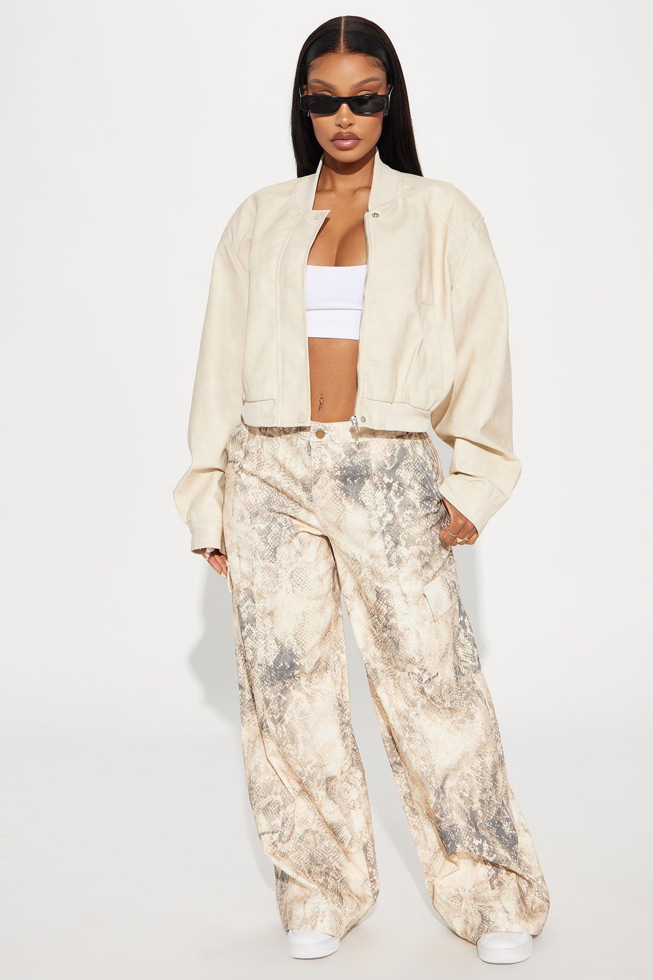 Olivia Grace Faux Leather Bomber Jacket - Beige Product Image