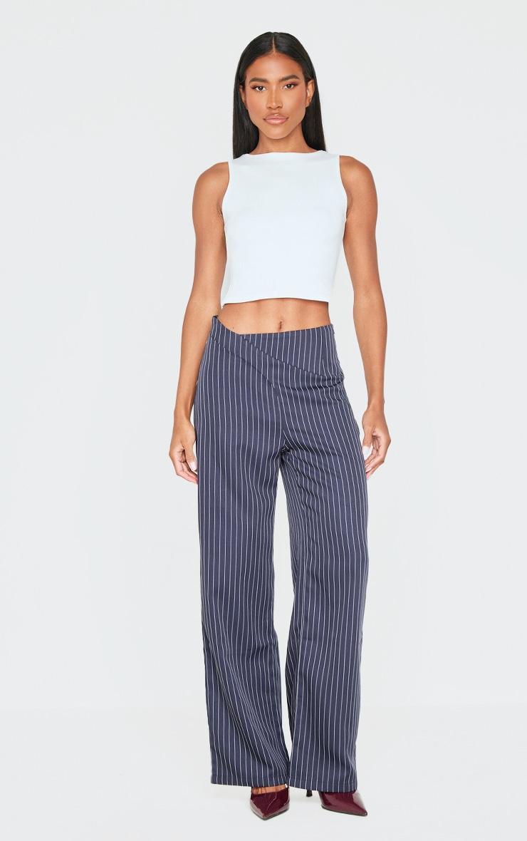 Navy Pinstripe Dipped Waist Straight Leg Pants product image