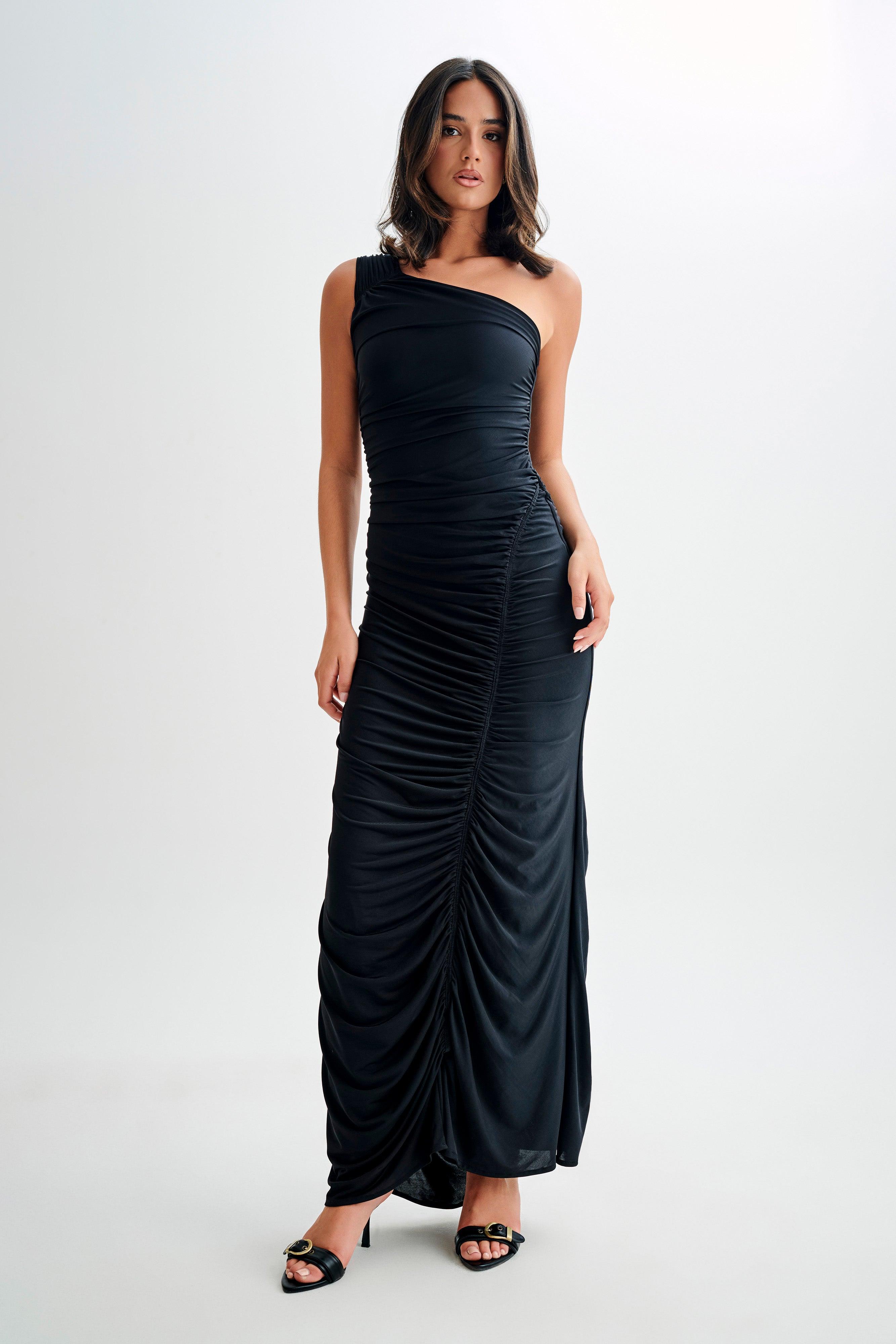 Capri Gathered Slinky Maxi Dress - Black Product Image