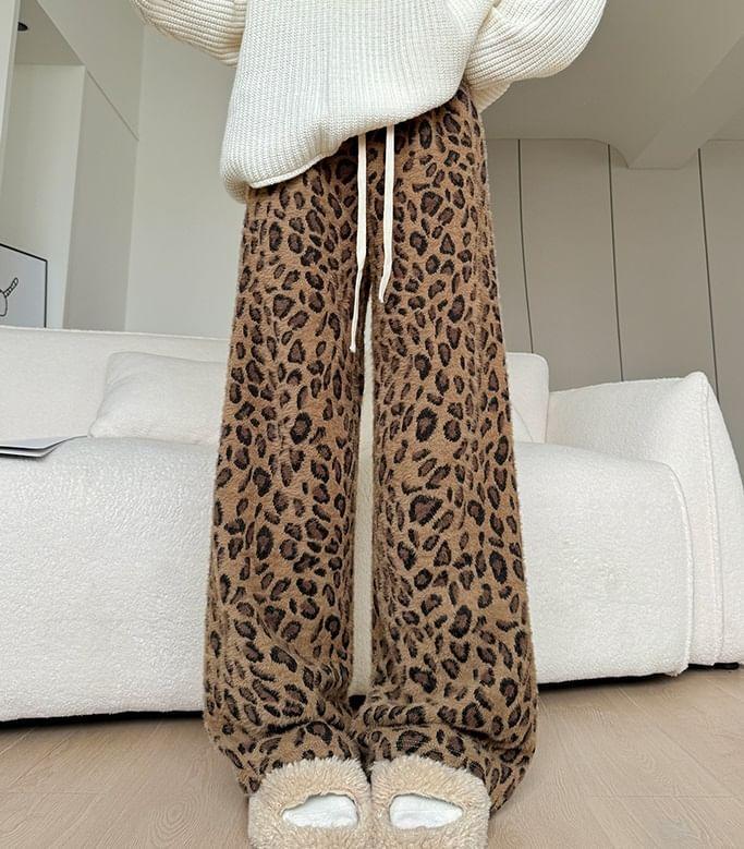 Drawstring Waist Leopard Print Wide Leg Pants Product Image