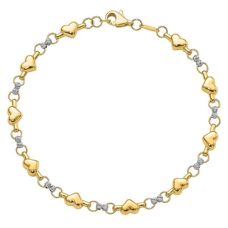 Two Tone 14k Gold Polished Heart Bracelet, Womens 14k Two Tone Product Image