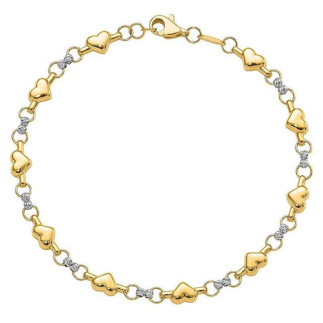 Two Tone 14k Gold Polished Heart Bracelet, Womens Multicolor Product Image