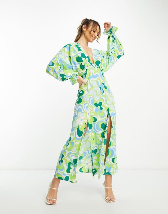 ASOS DESIGN plunge batwing maxi dress in green retro floral Product Image