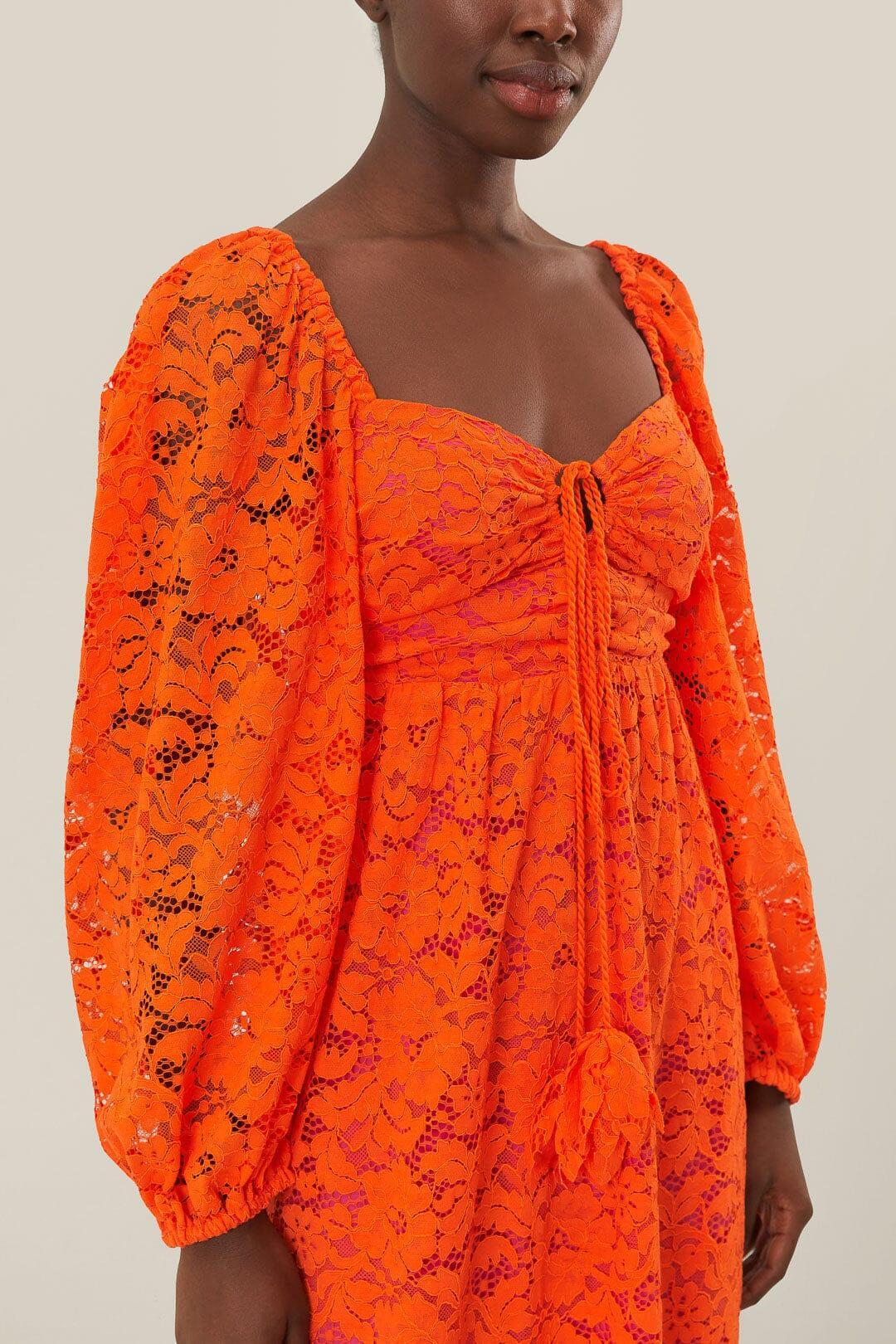 Orange Lace Long Sleeve Midi Dress Product Image