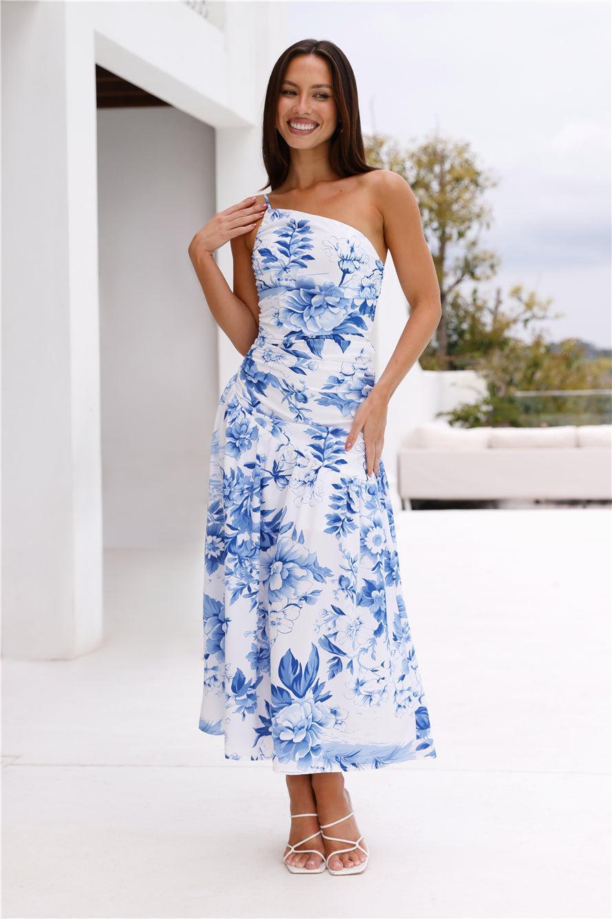 Fleur Enchantée One Shoulder Midi Dress Blue Product Image