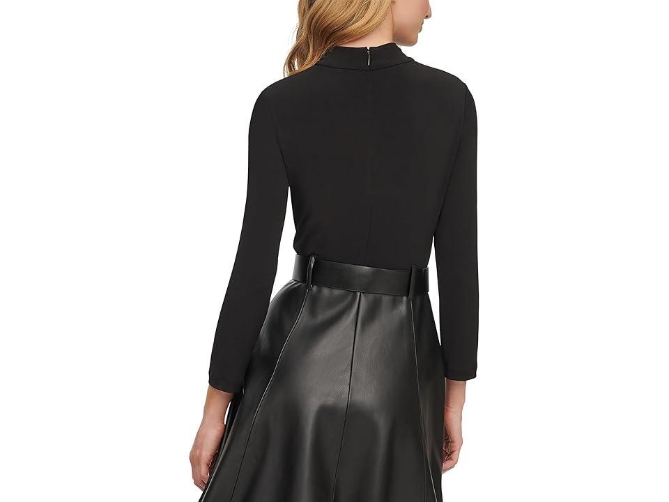 Calvin Klein Matte Jersey Combo Pu Leather Belted Aline Black) Women's Dress Product Image