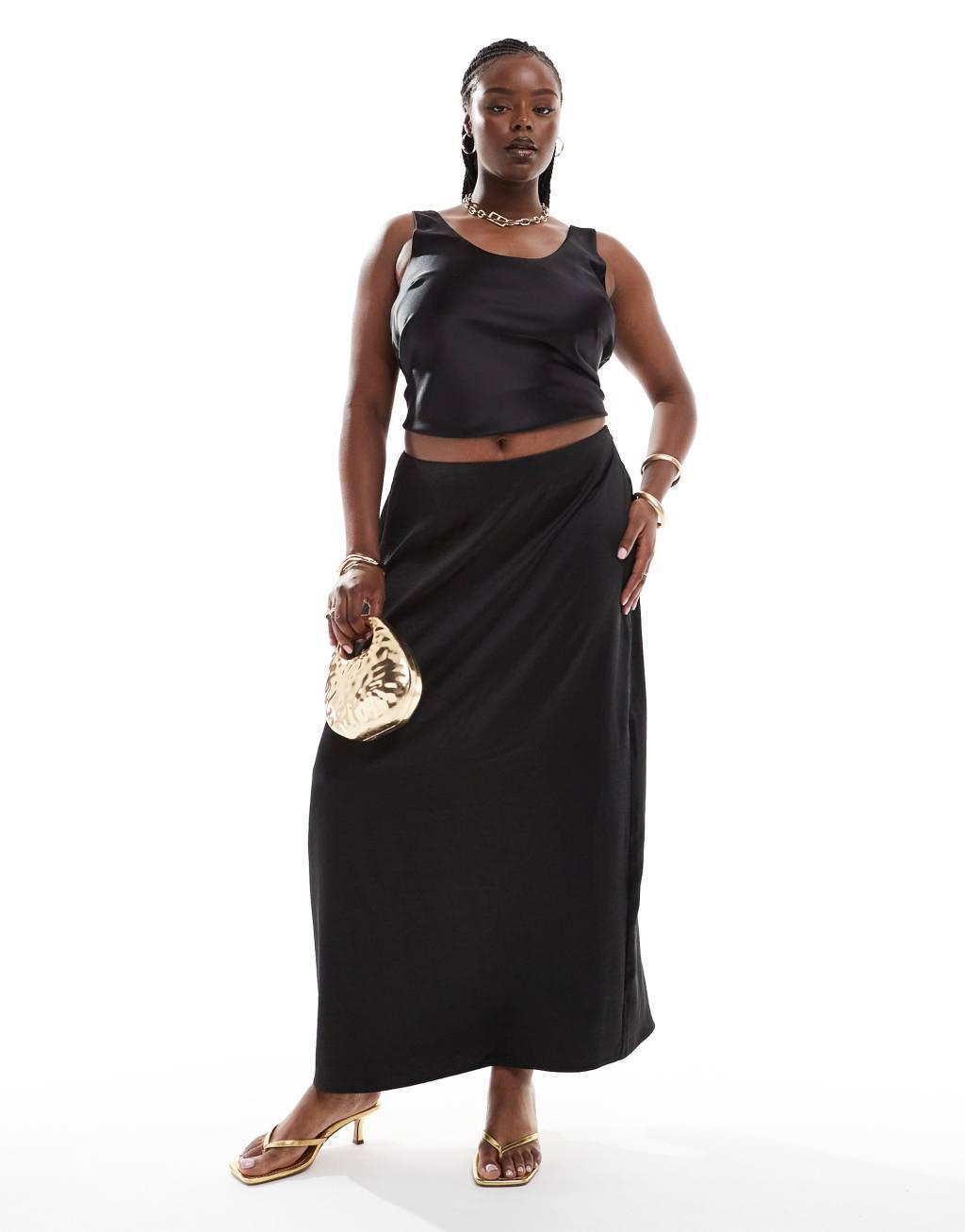 4th & Reckless Plus Exclusive satin back slit maxi skirt in black Product Image