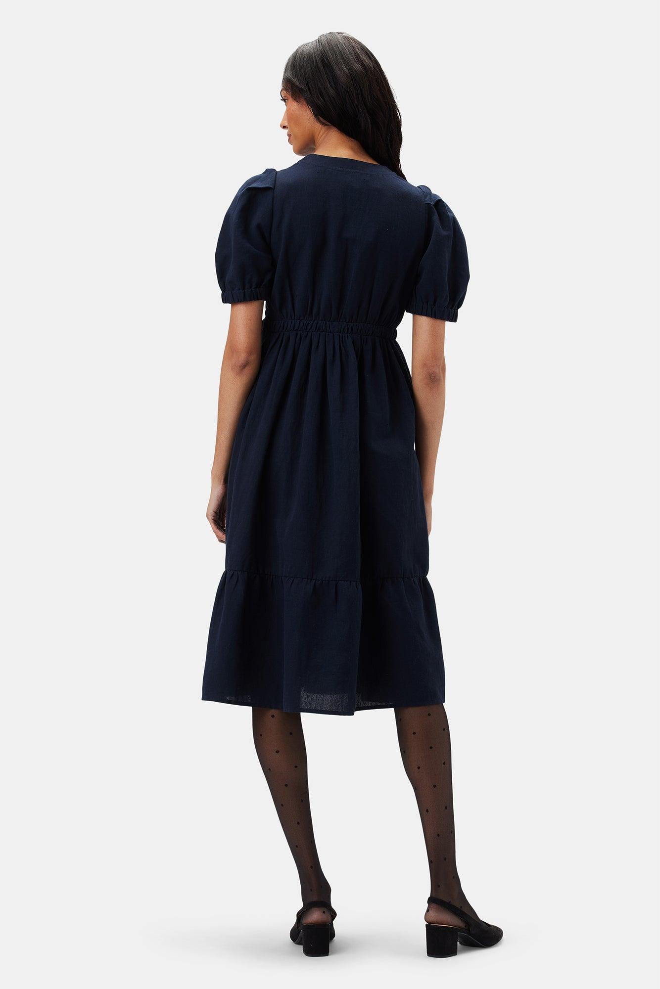 Danielle Cotton Linen Dress - Navy Blue Product Image