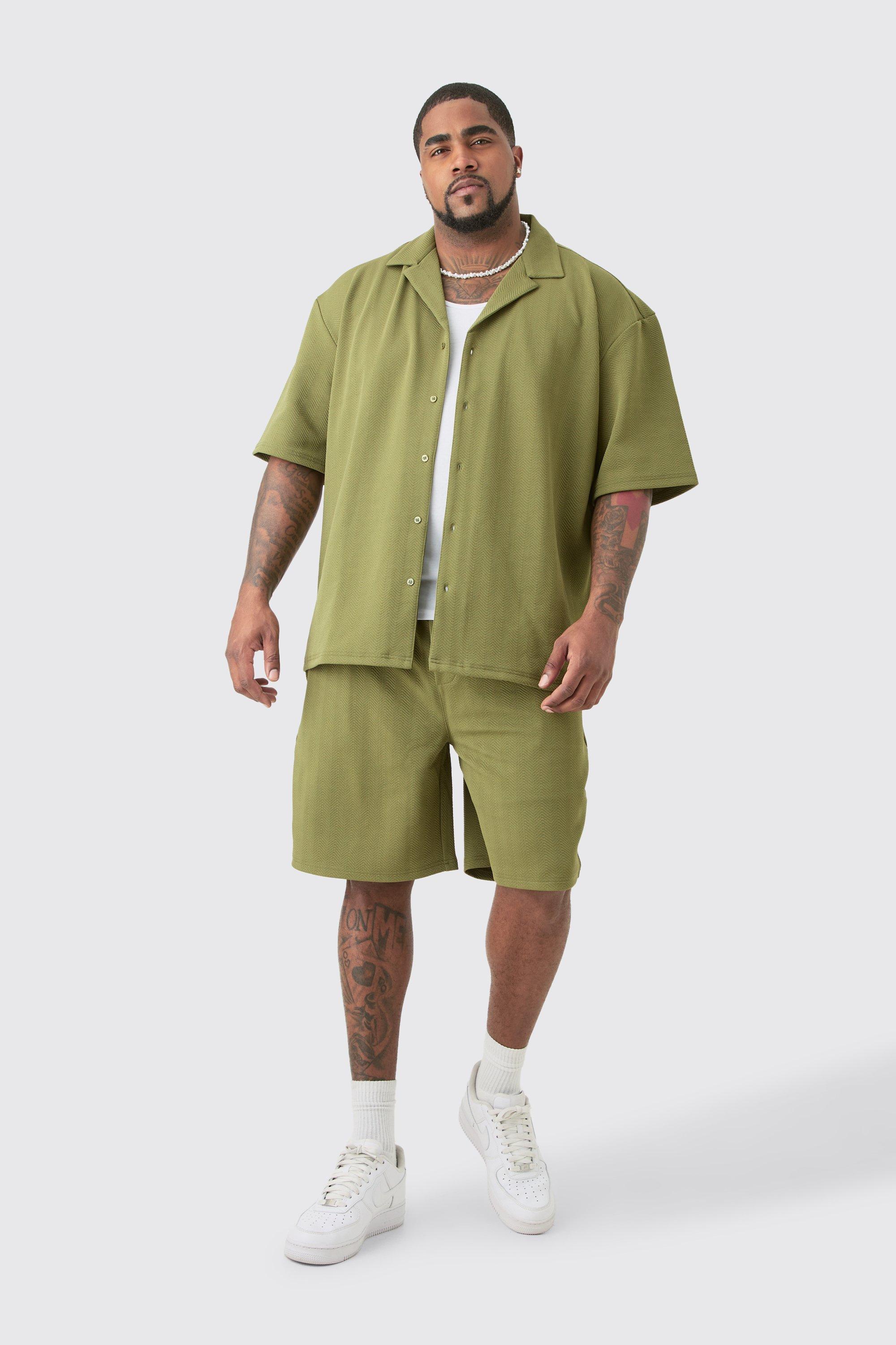 Plus Herringbone Detail Shirt & Short Set In Khaki | boohooMAN USA Product Image